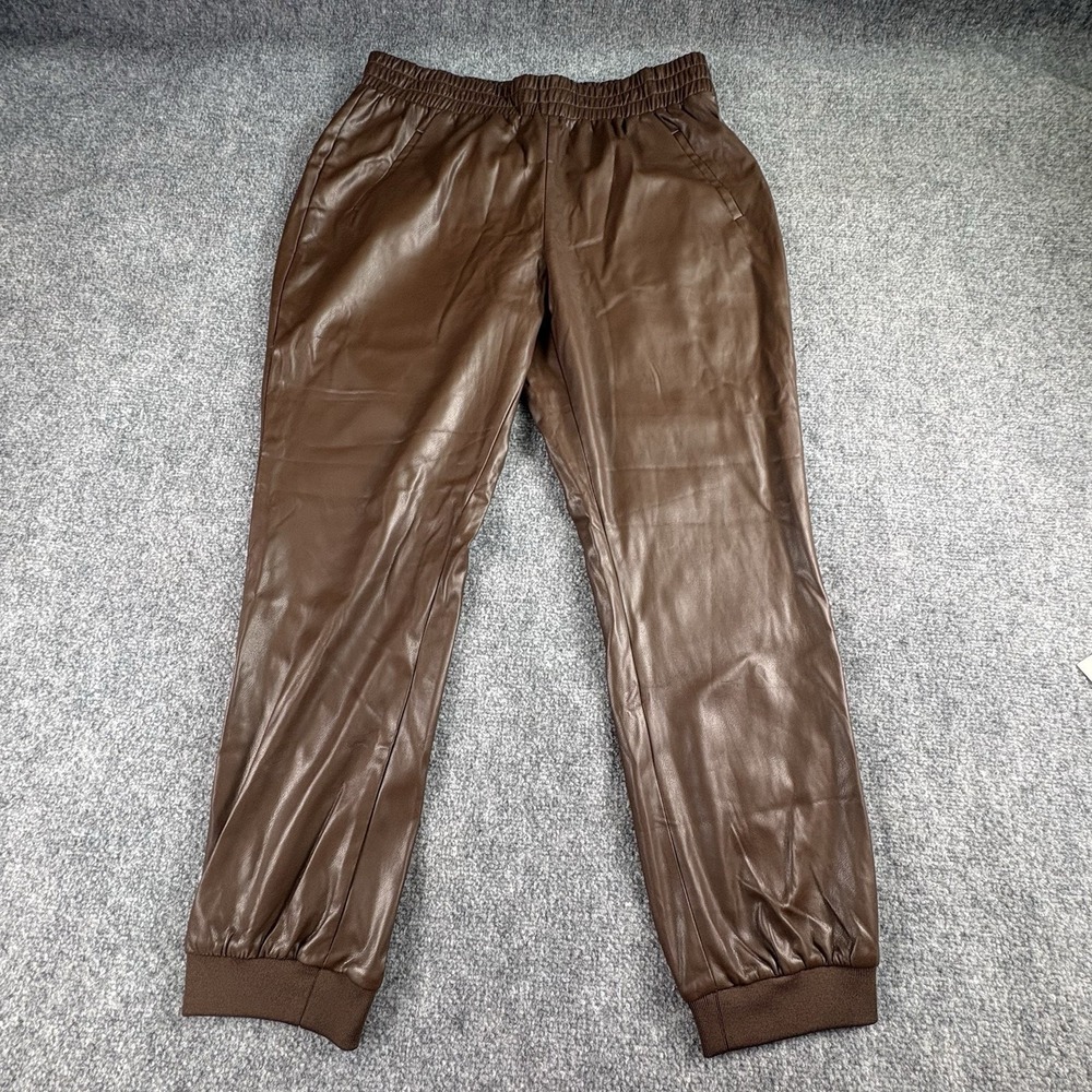 DKNY Jeans Faux Leather Jogger Pants Women L Brown Elastic Waist Streetwear Edgy